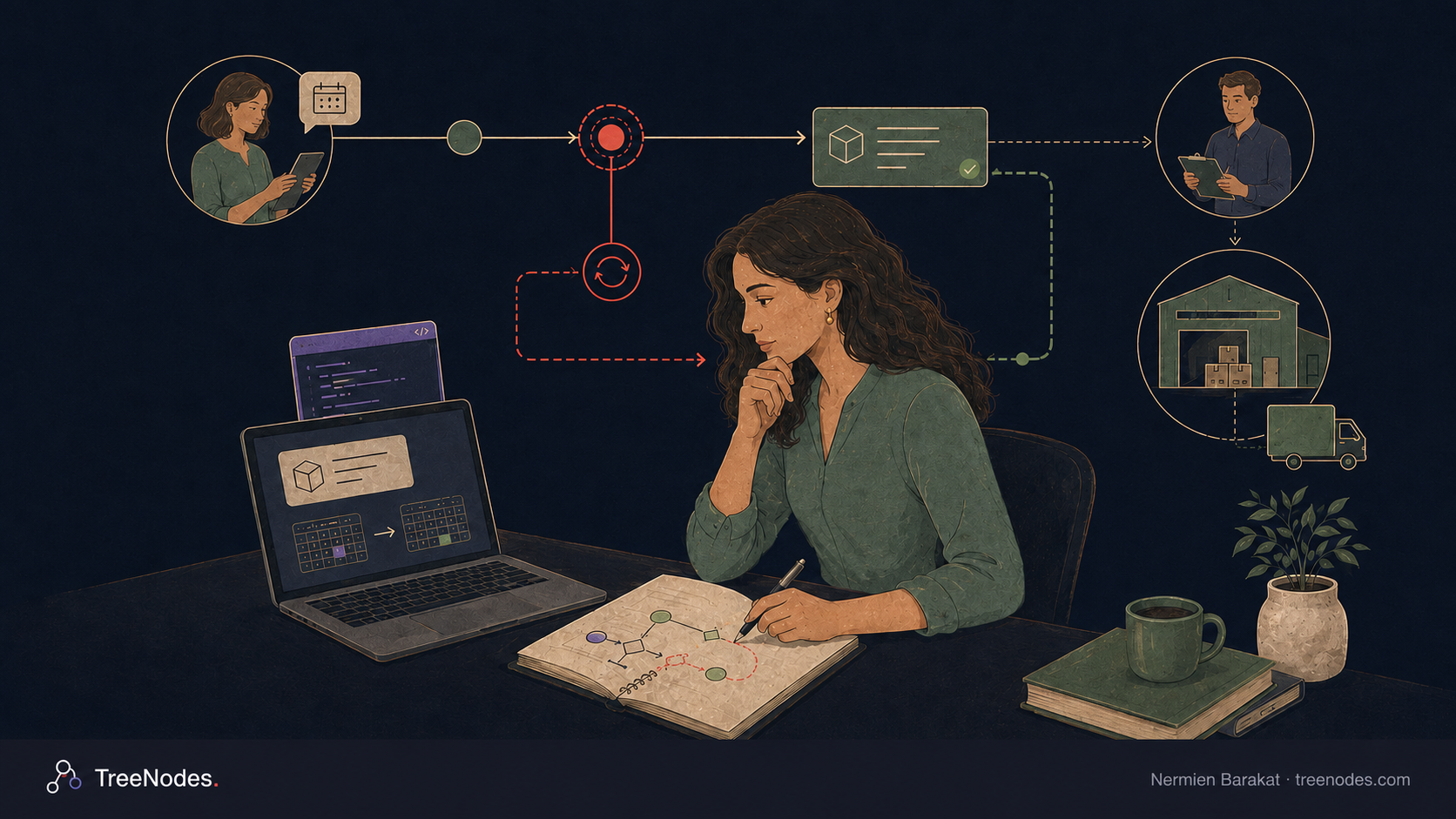 TreeNodes editorial illustration: a woman architect at her desk connects a customer's delivery-change request with the existing order record, staff and warehouse. A coral branch represents recovery while the outcome is uncertain.