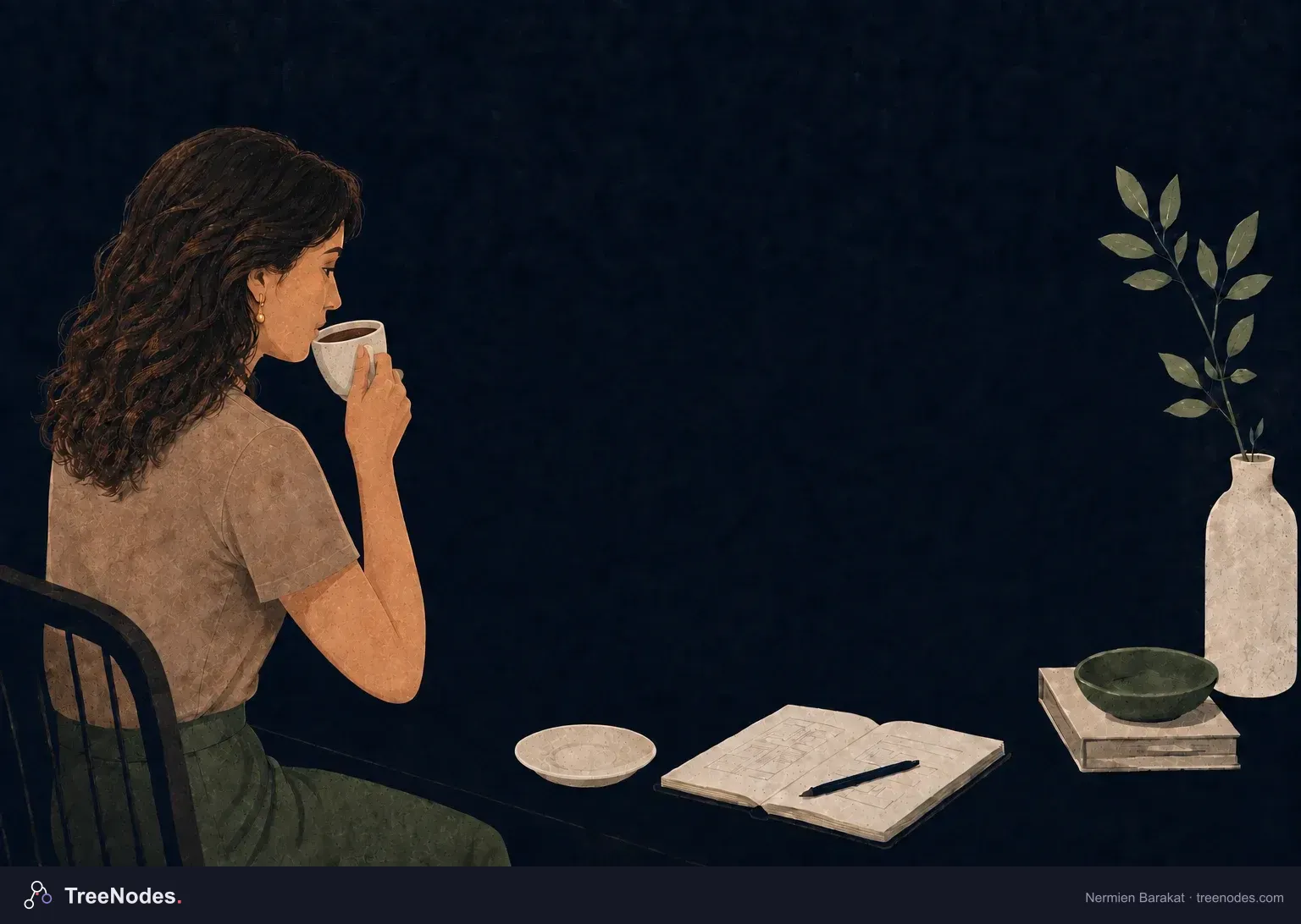 Nermien Barakat in side profile, sipping coffee at two monitors: the TreeNodes website on one, and an illustrated Astra workspace revising a booking-system design on the other