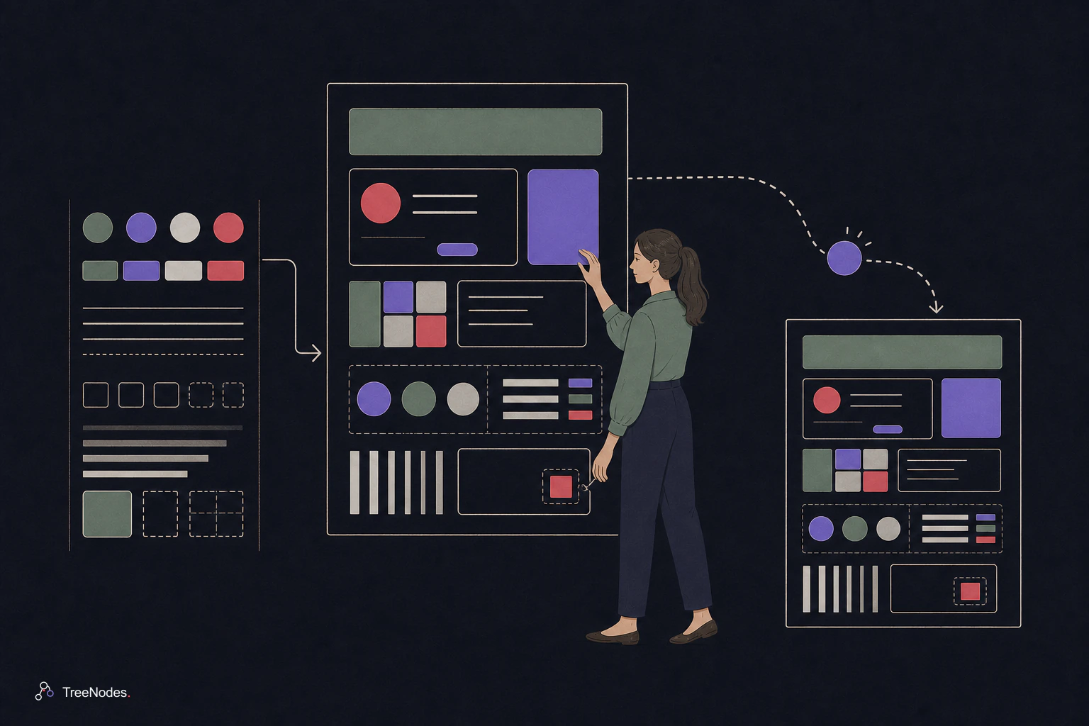 A woman arranging visual tokens and interface shapes into a coherent design system while an abstract AI agent follows the pattern