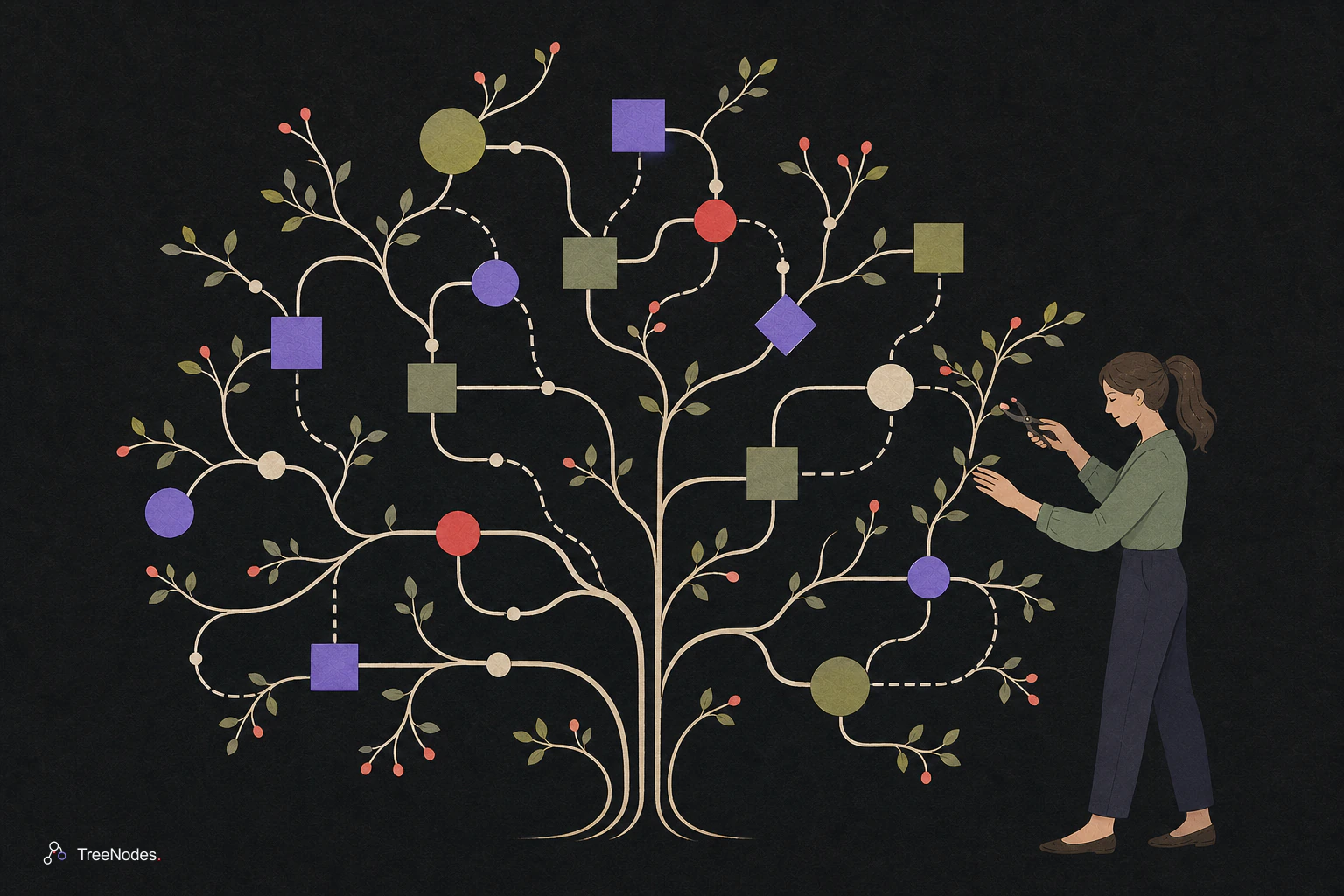 A woman tending a branching software system as a cycle of small coloured changes strengthens it over time