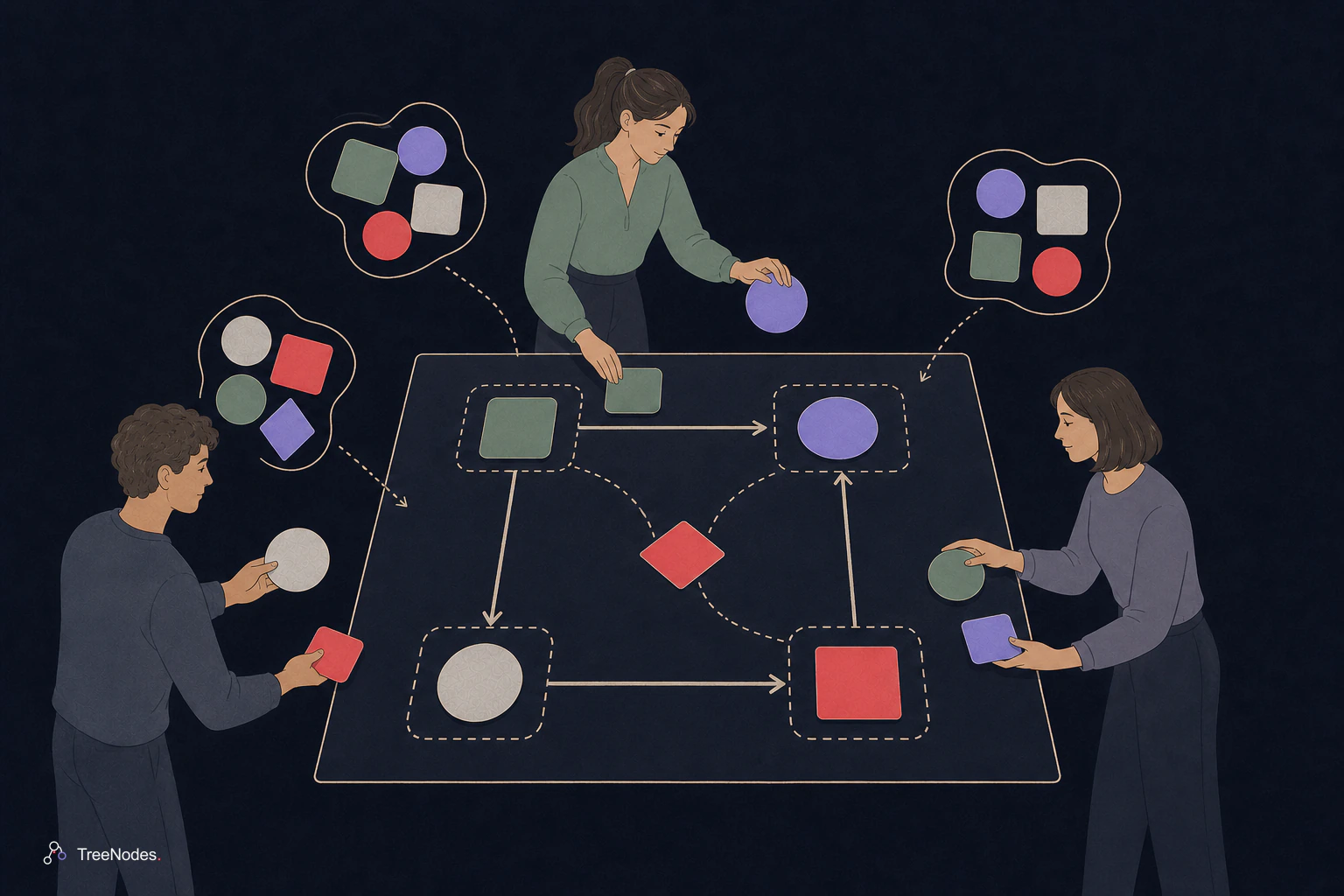 A woman and collaborators aligning ambiguous business concepts and handoffs into one shared model before code is built