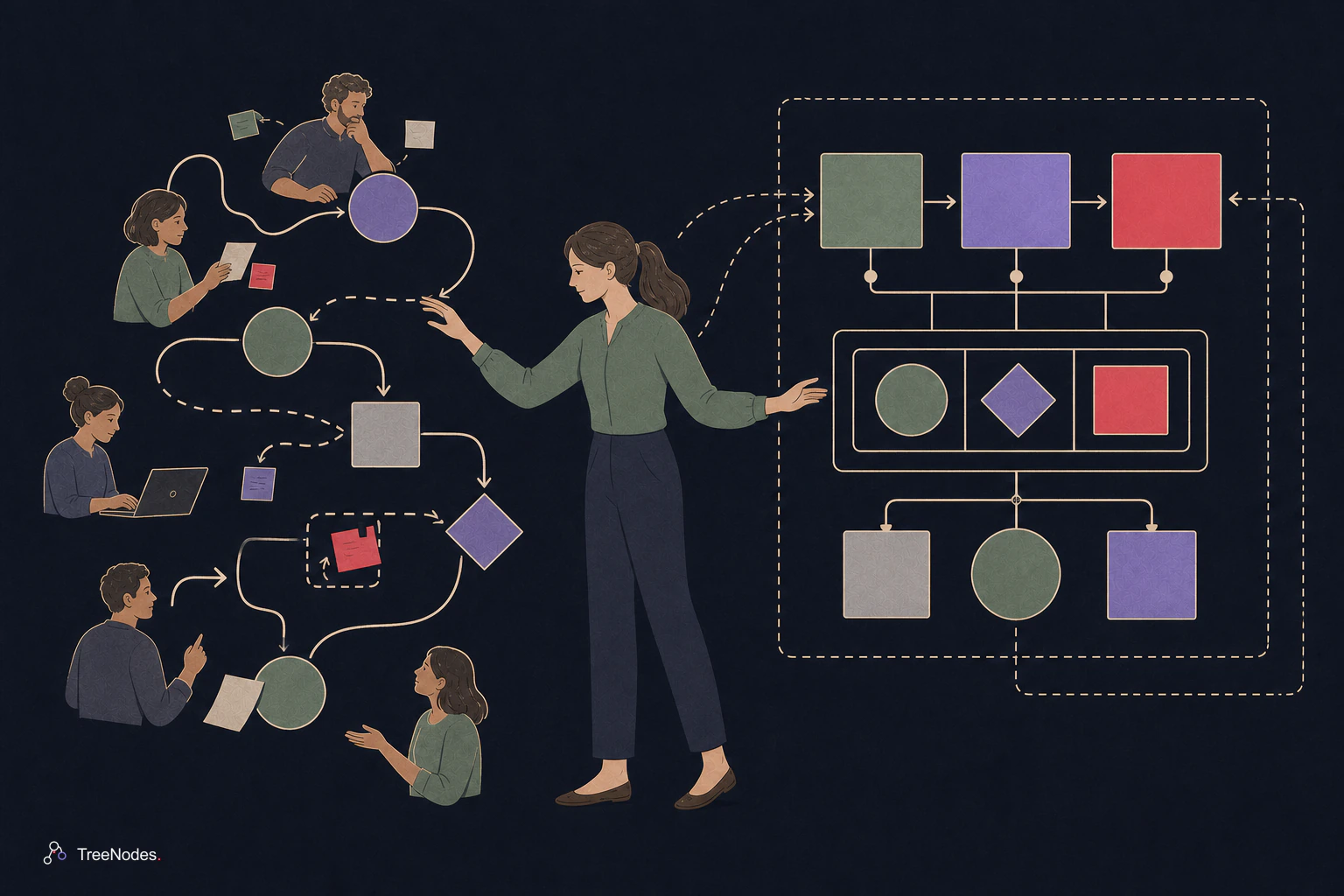 A woman tracing the real path of human work and shaping a coherent software structure around its decisions and handoffs