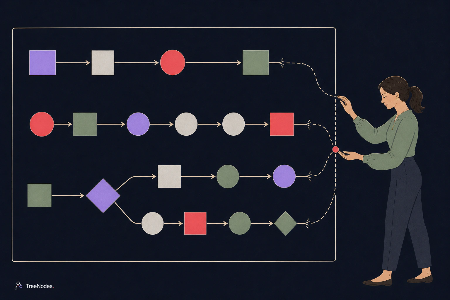 Three formal workflow paths ending at a system boundary while a woman outside it quietly reconnects the broken handoffs around one coral point