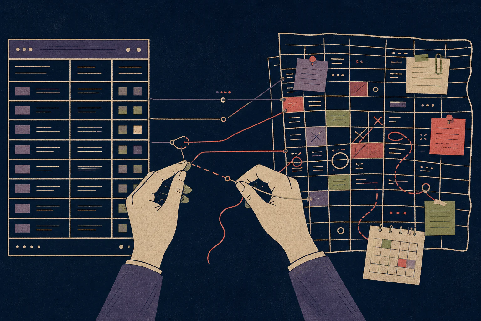 Hands tracing and reconnecting lines between a formal software interface and a heavily annotated spreadsheet
