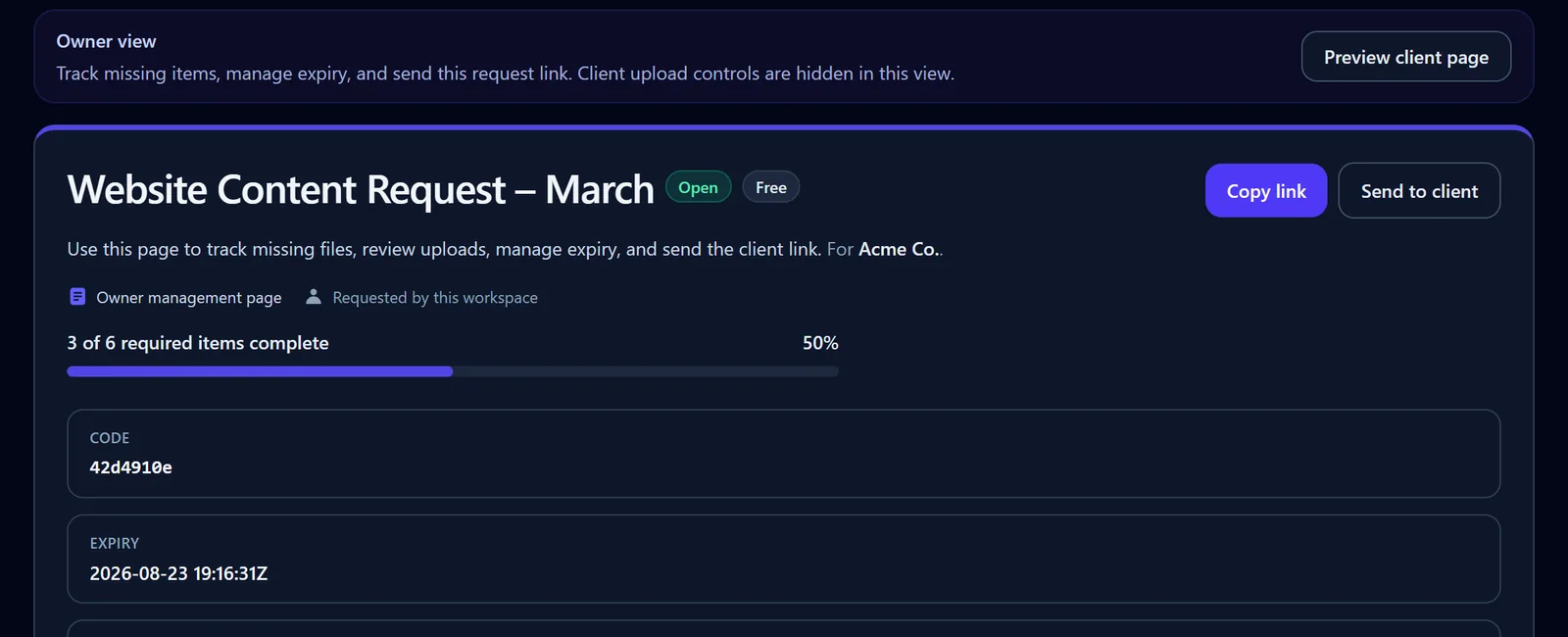 FileTRX owner view showing a website content request with three of six required items complete and a visible 50 percent progress state.