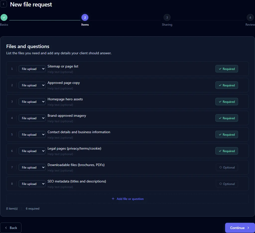 FileTRX request builder listing required and optional file checklist items