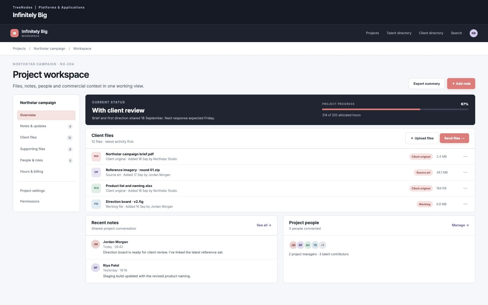 Infinitely Big project workspace showing client files, project progress, recent notes and project people, using fictional demonstration records.