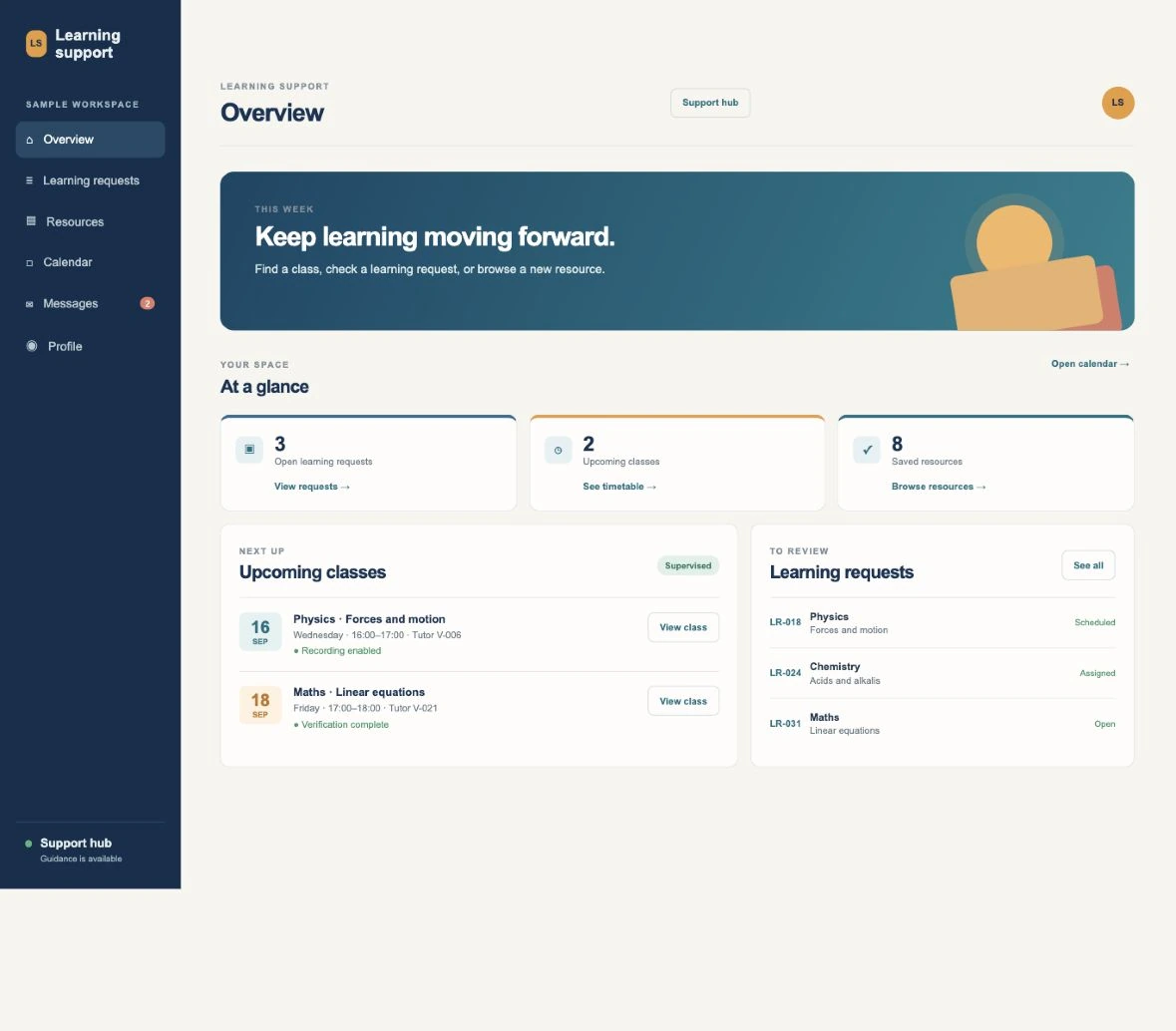 Learning dashboard showing open requests, upcoming classes and saved resources, with physics, chemistry and maths items.