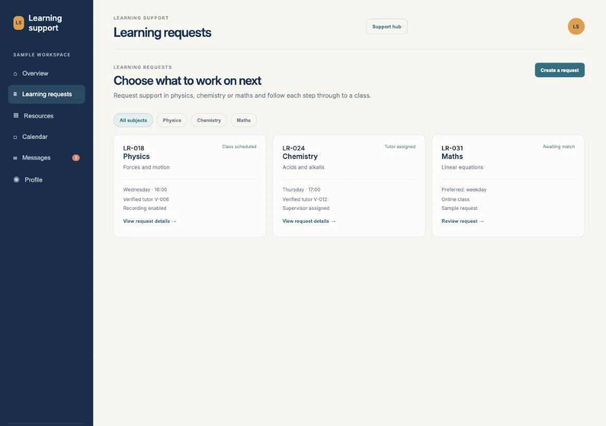 Learning-request screen with physics, chemistry and maths cards showing class scheduling and tutor-assignment states.