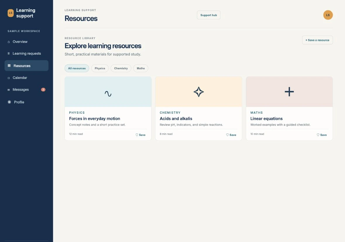 Resource library with subject filters and three cards for forces in motion, acids and alkalis, and linear equations.