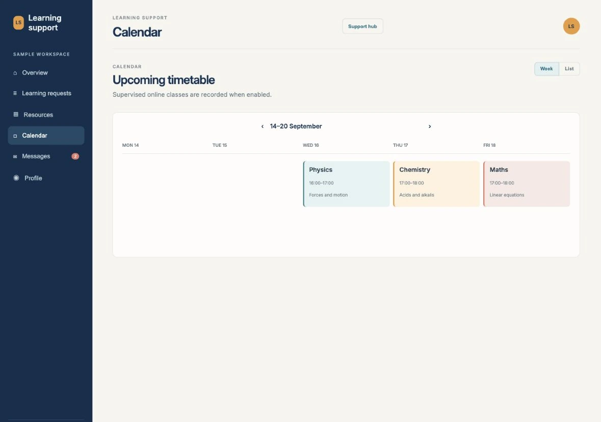Weekly calendar showing physics, chemistry and maths classes across three days.