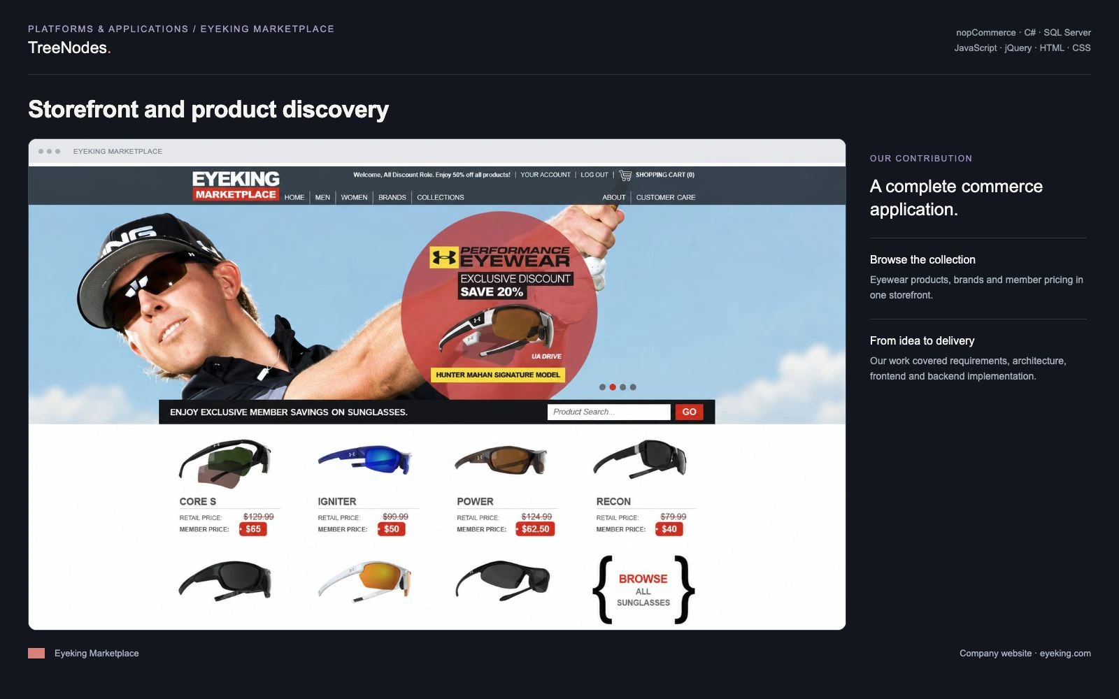 Eyeking Marketplace storefront displaying eyewear products and member pricing, with TreeNodes notes describing complete commerce application delivery.