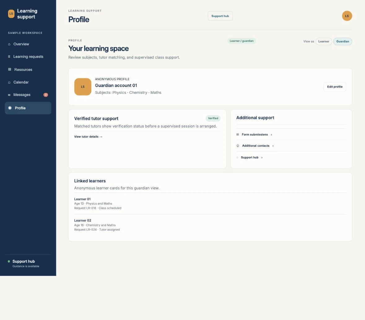 Anonymous profile screen with subject details, tutor-verification information, support links and two linked learner cards.
