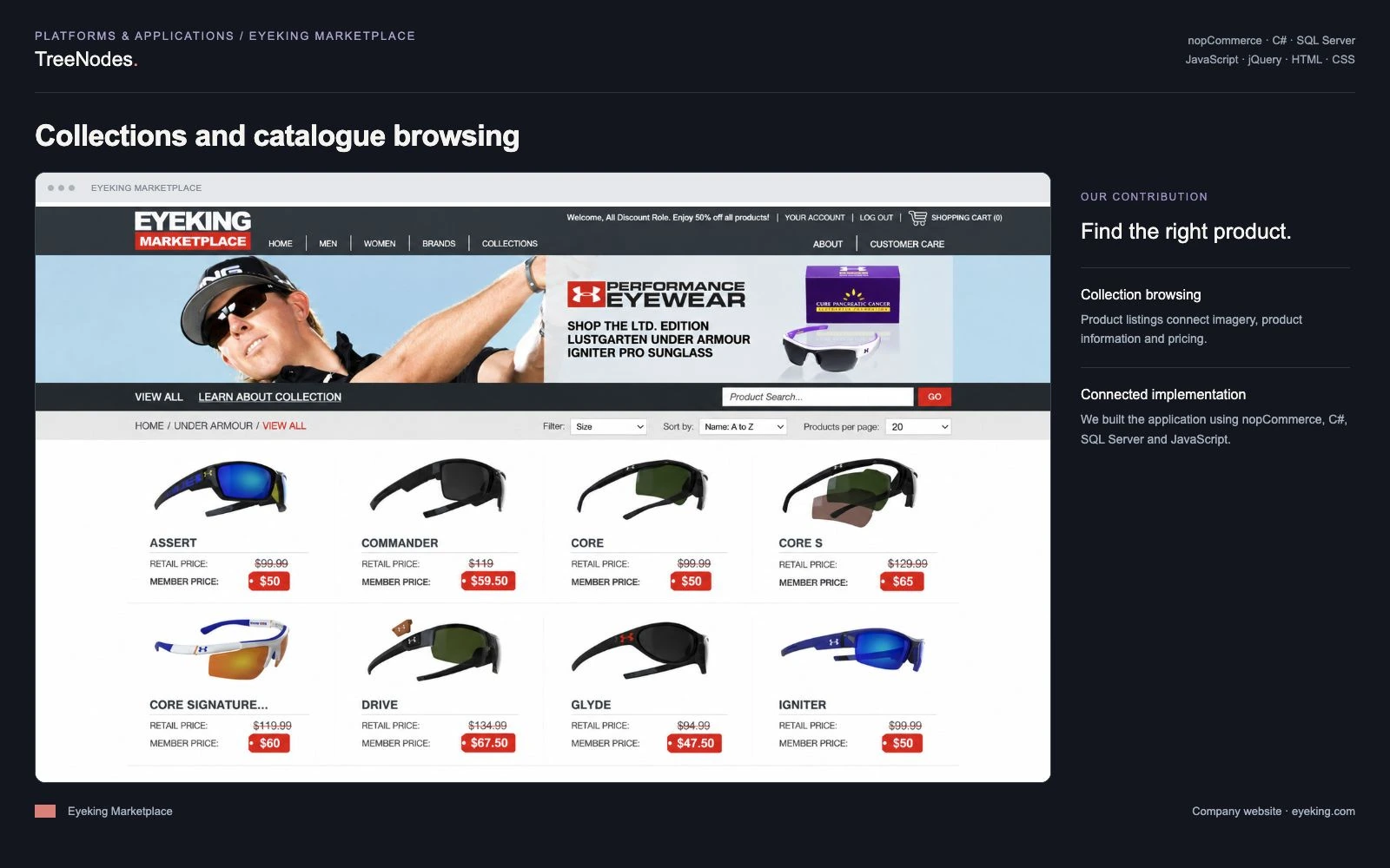 Eyeking Marketplace collection page with an eyewear catalogue, product photographs, prices, filter controls and sorting options.