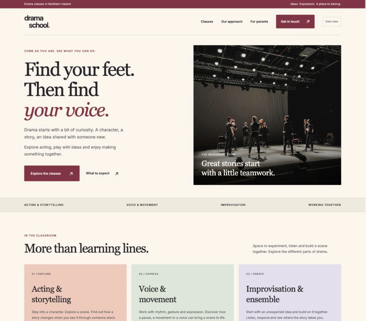 Drama website home page with a large introductory heading, a stage-rehearsal photograph and class-category cards.