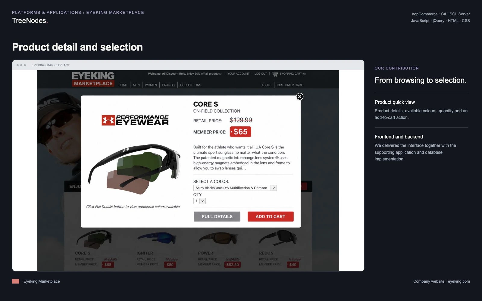 Eyeking Marketplace product quick-view panel showing Core S eyewear, colour selection, quantity, product details and an add-to-cart button.