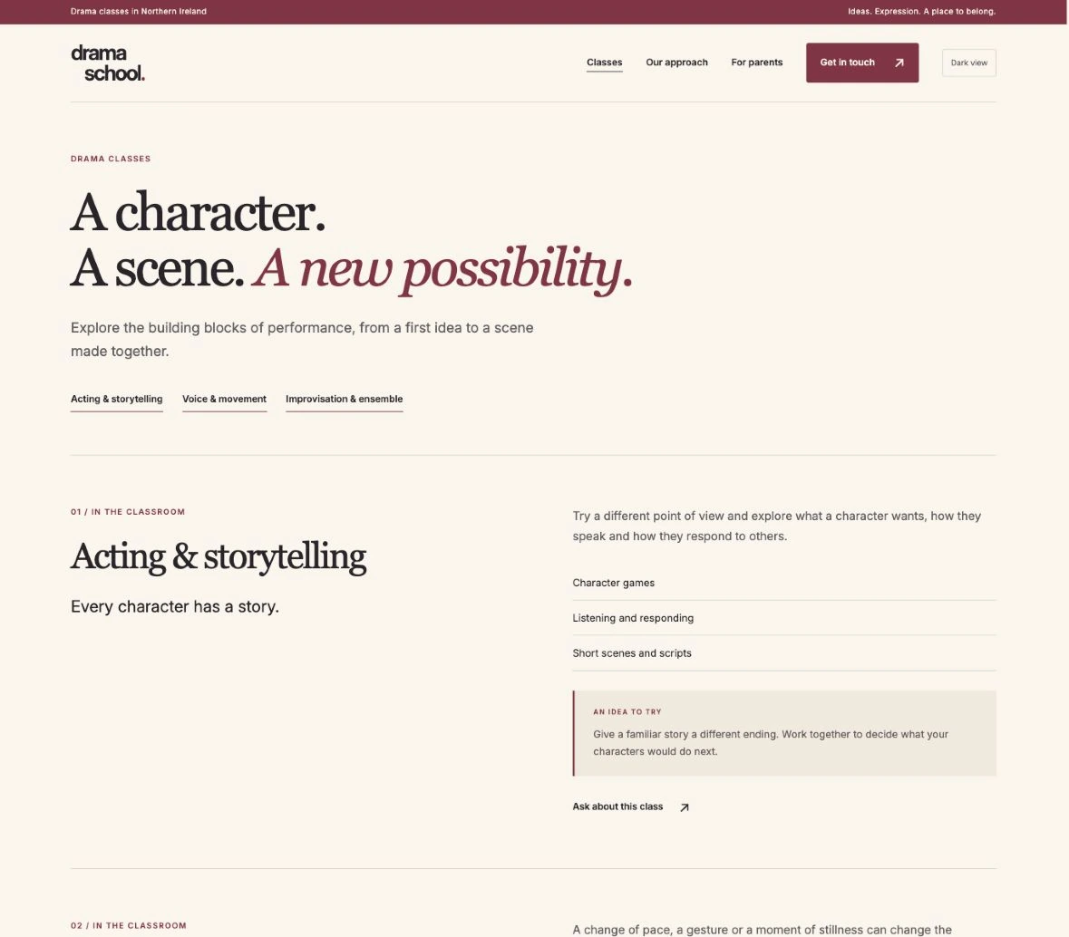 Drama classes page with an introductory heading, class-category links and an acting-and-storytelling section.