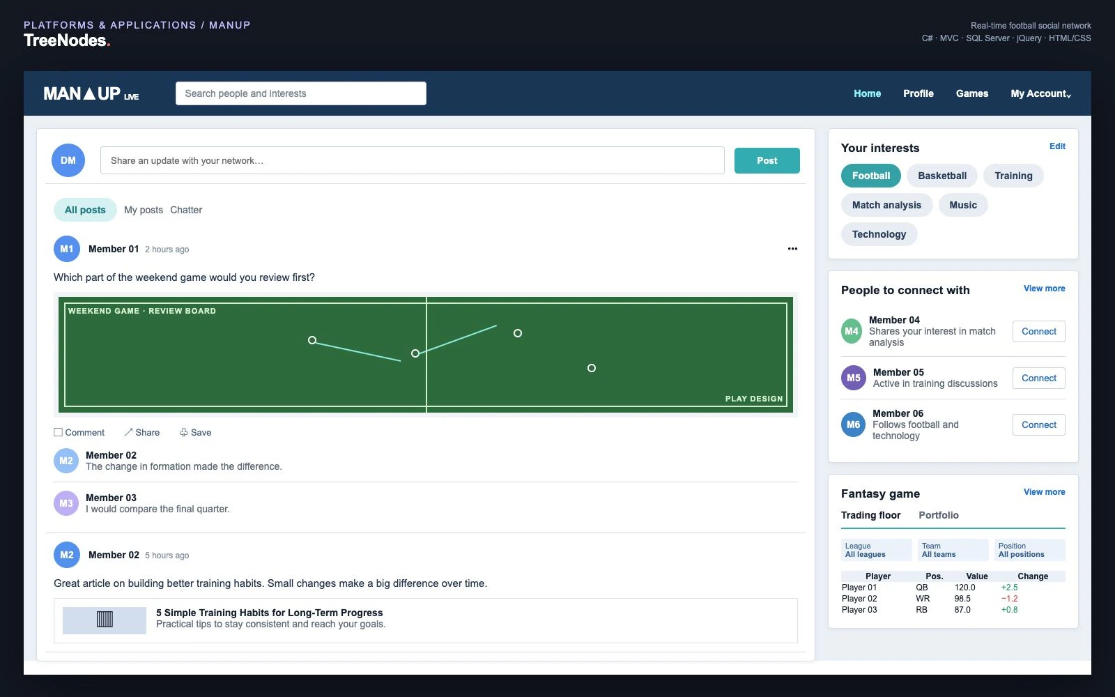 ManUp social feed with fictional member posts, comments, shared interests, suggested connections and a fantasy-game panel.