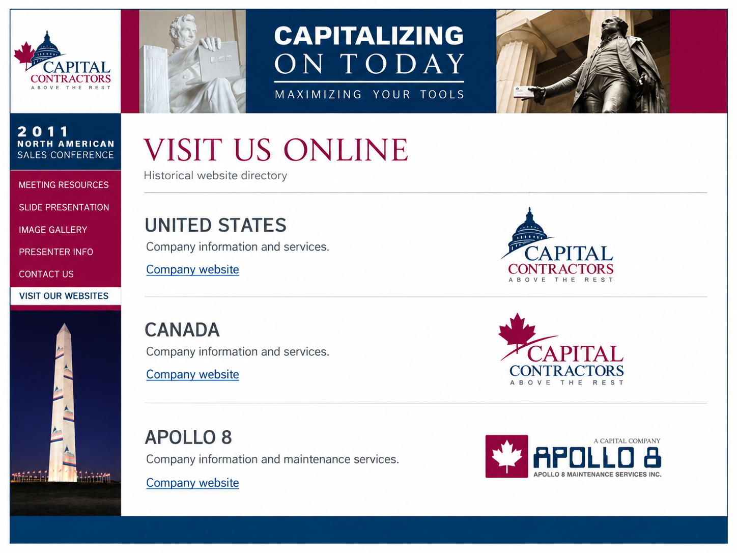 Edited archive Capital Contractors event site showing links to its United States, Canada and Apollo 8 company websites