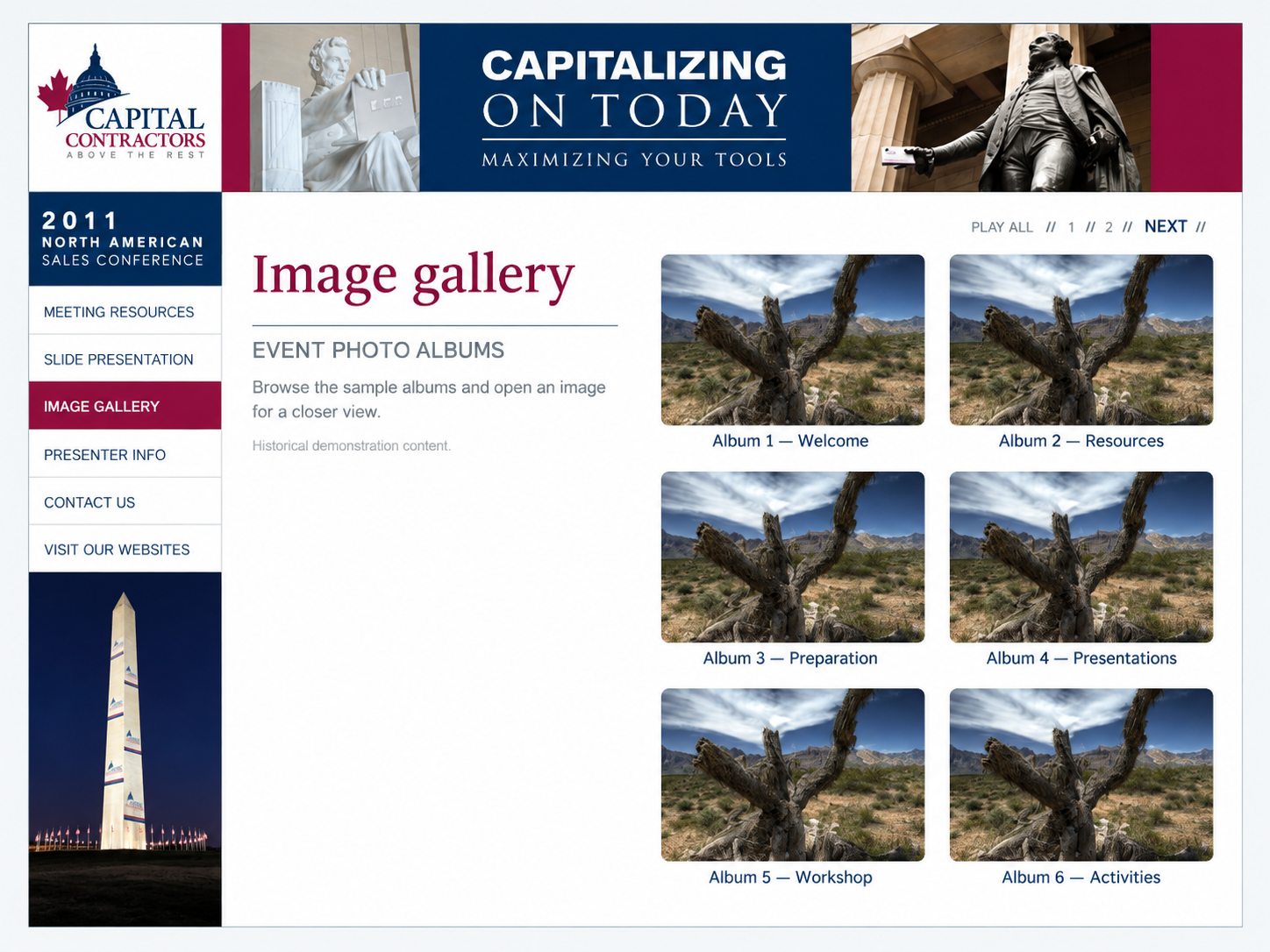 Edited archive Capital Contractors conference website showing meeting-resource navigation and a photo-album grid