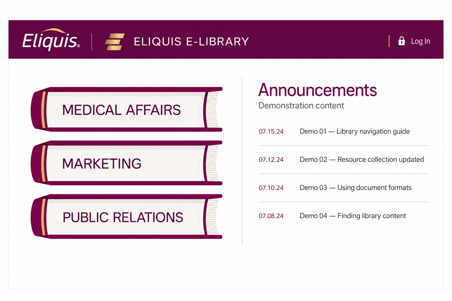 Edited archive Eliquis e-library category page with book-shaped section navigation and fictional demonstration announcements