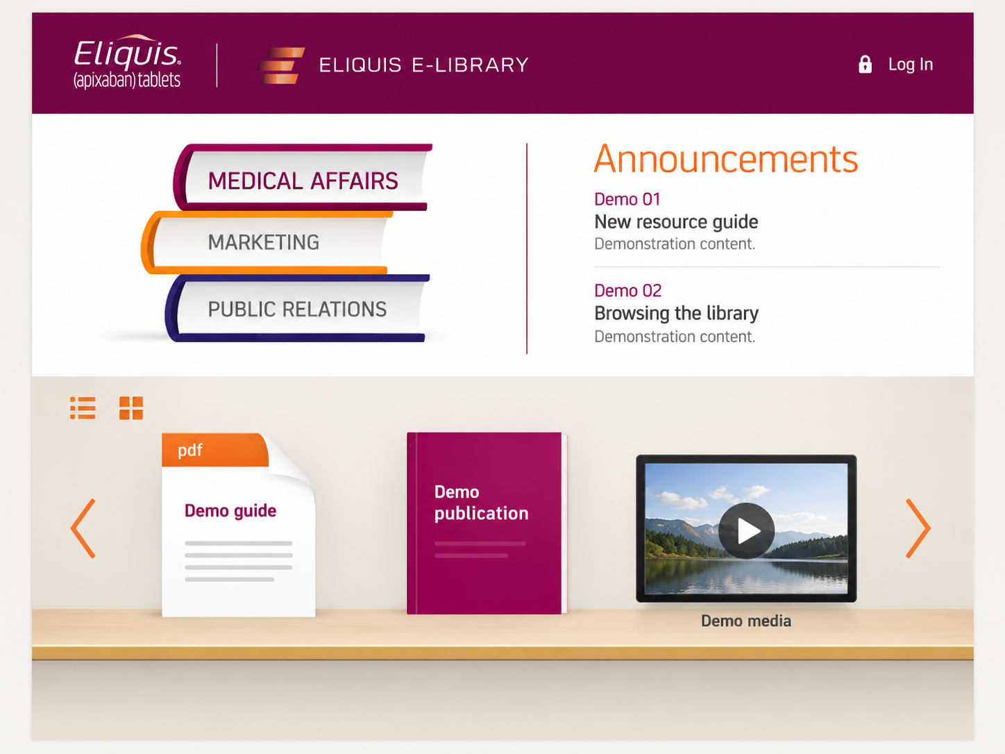 Edited archive Eliquis e-library showing demonstration document, publication and media items on a browsable resource shelf