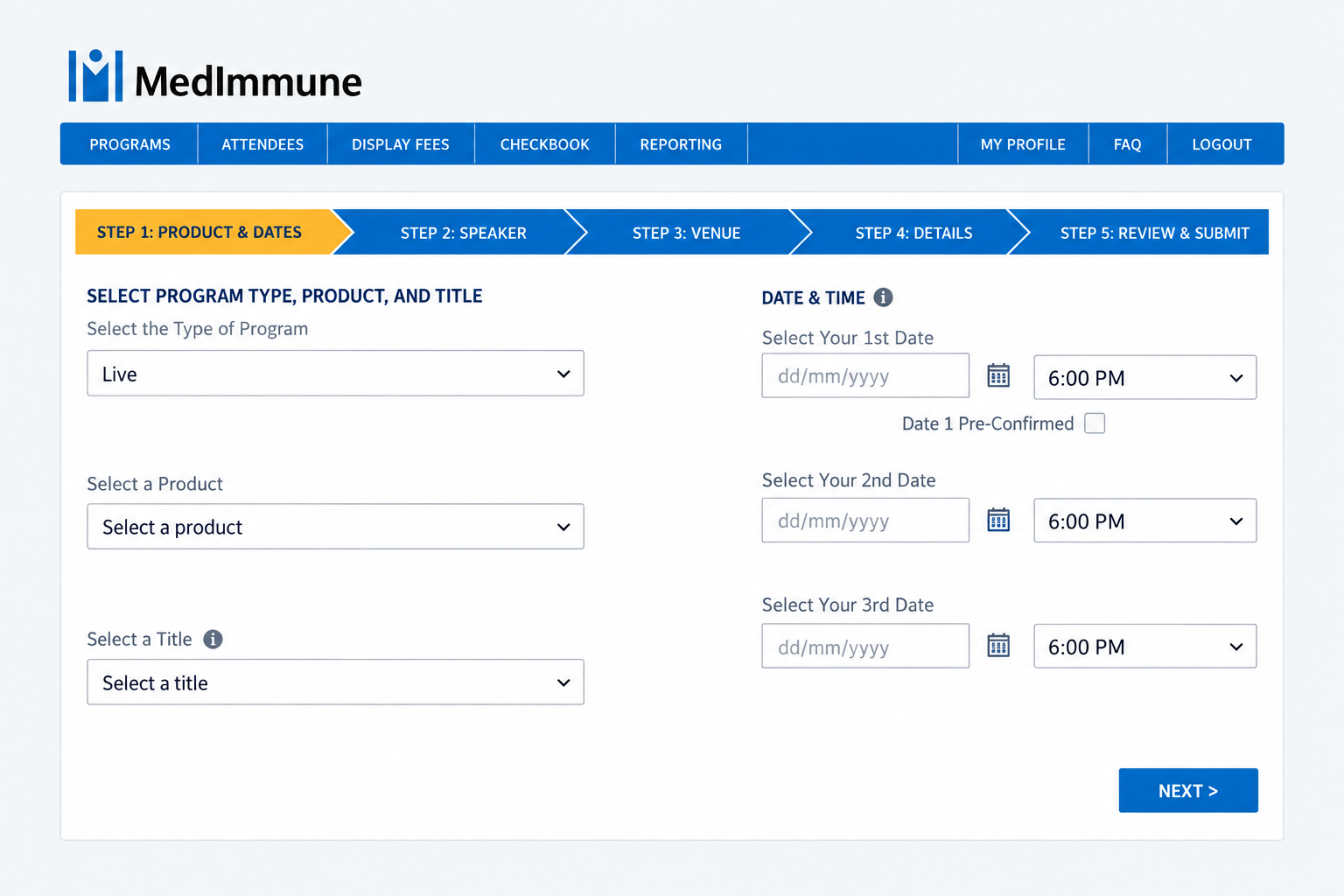 Edited archive MedImmune five-step program form with product, title and date selection in the first step