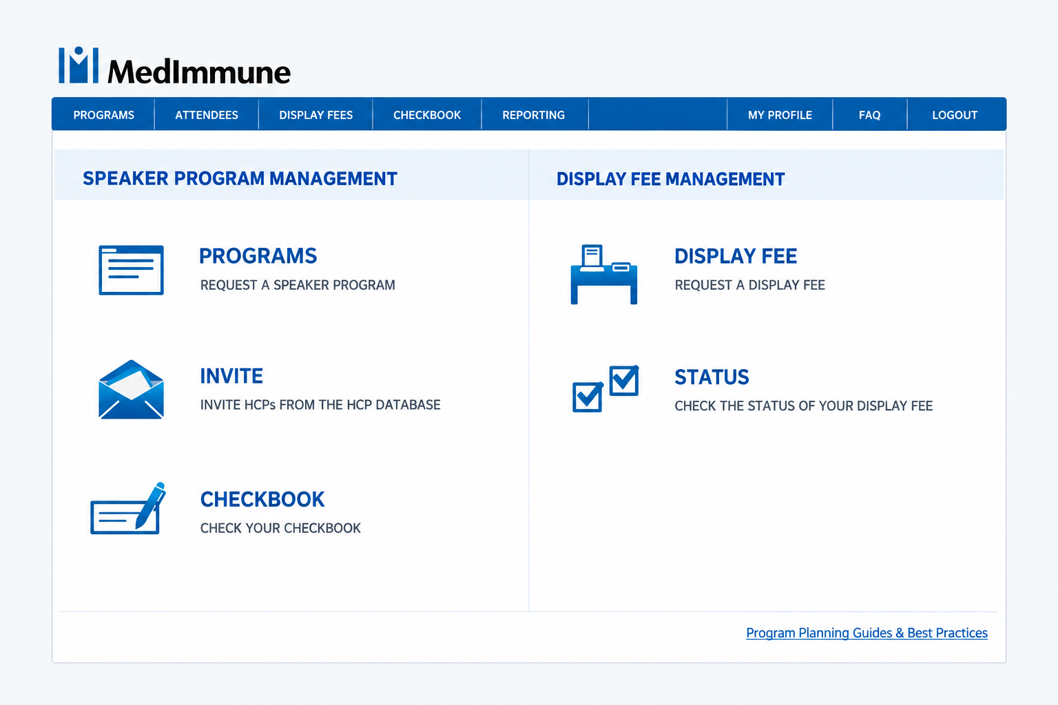 Edited archive MedImmune workspace with speaker-program, invitation, checkbook, display-fee and status options