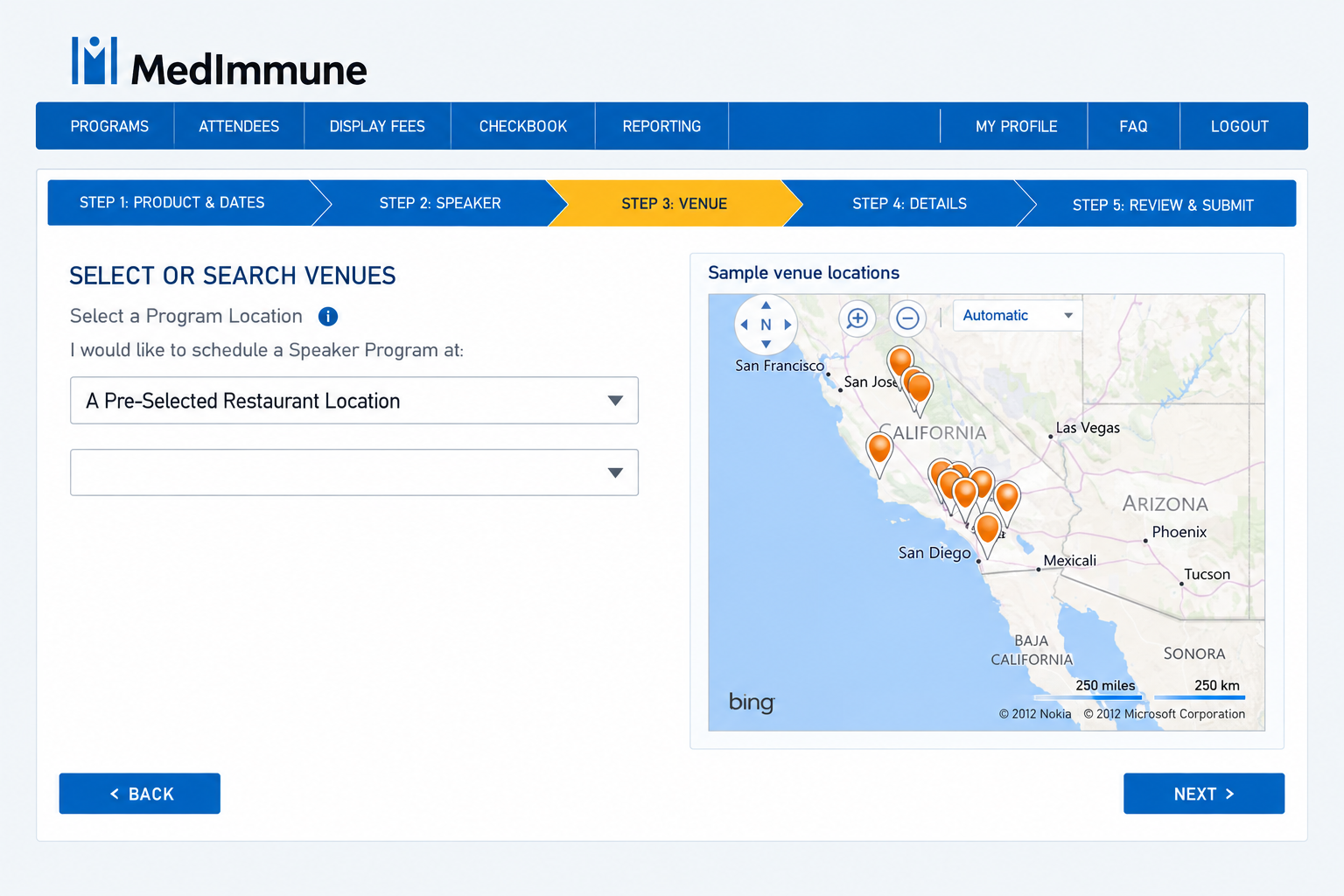 Edited archive MedImmune venue-selection step with a location selector and a map of possible venues