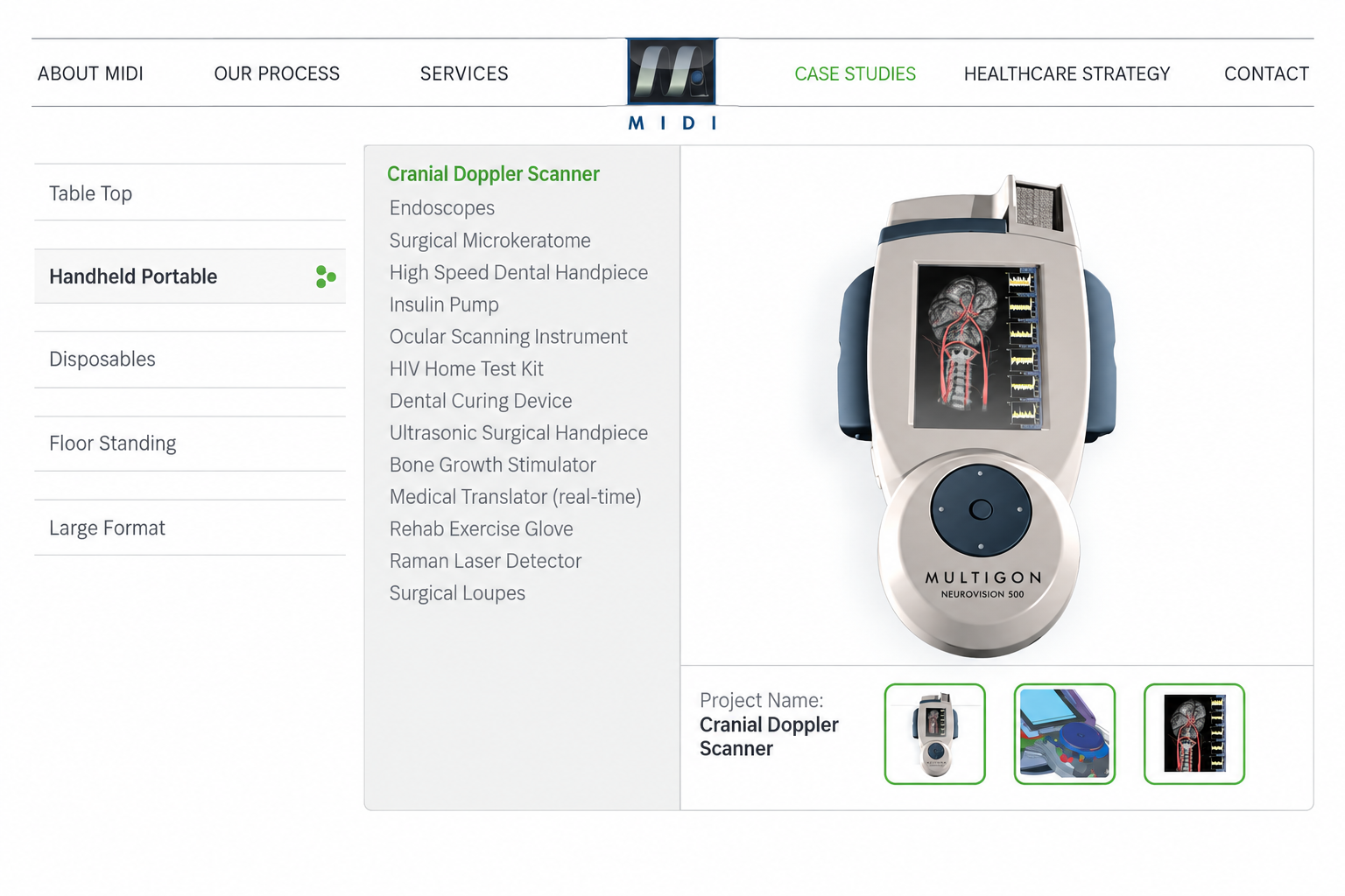 Edited archive MIDI handheld-product case study showing category navigation, project name and three image thumbnails