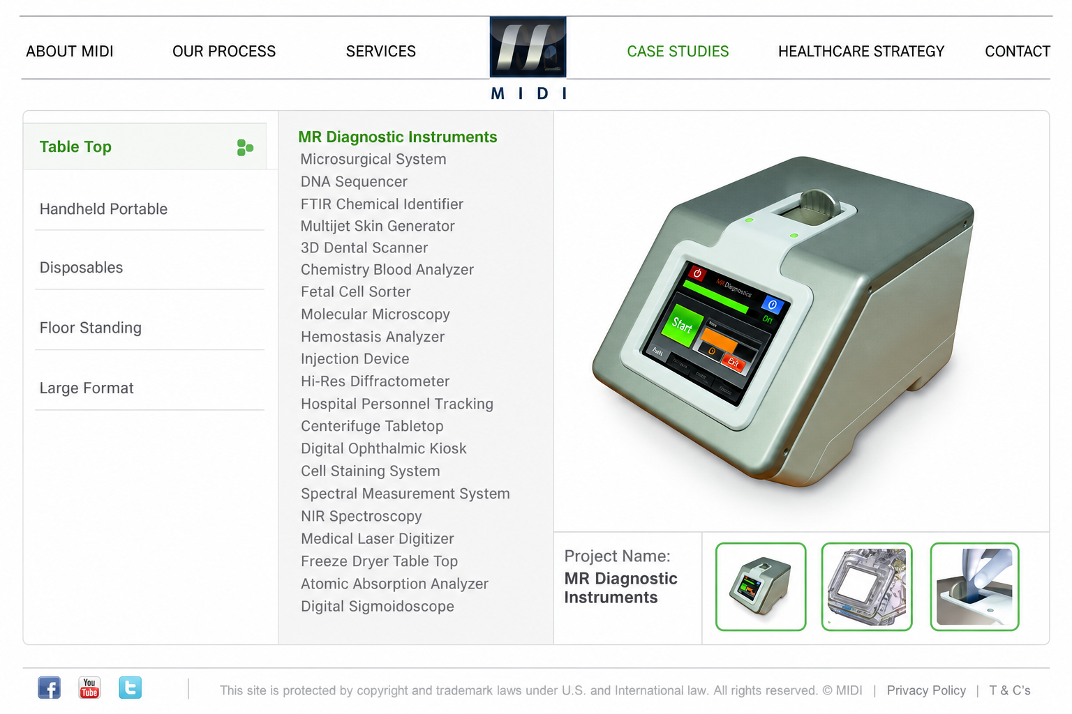 Edited archive MIDI Case Studies interface with a table-top product list, large project image and thumbnail navigation