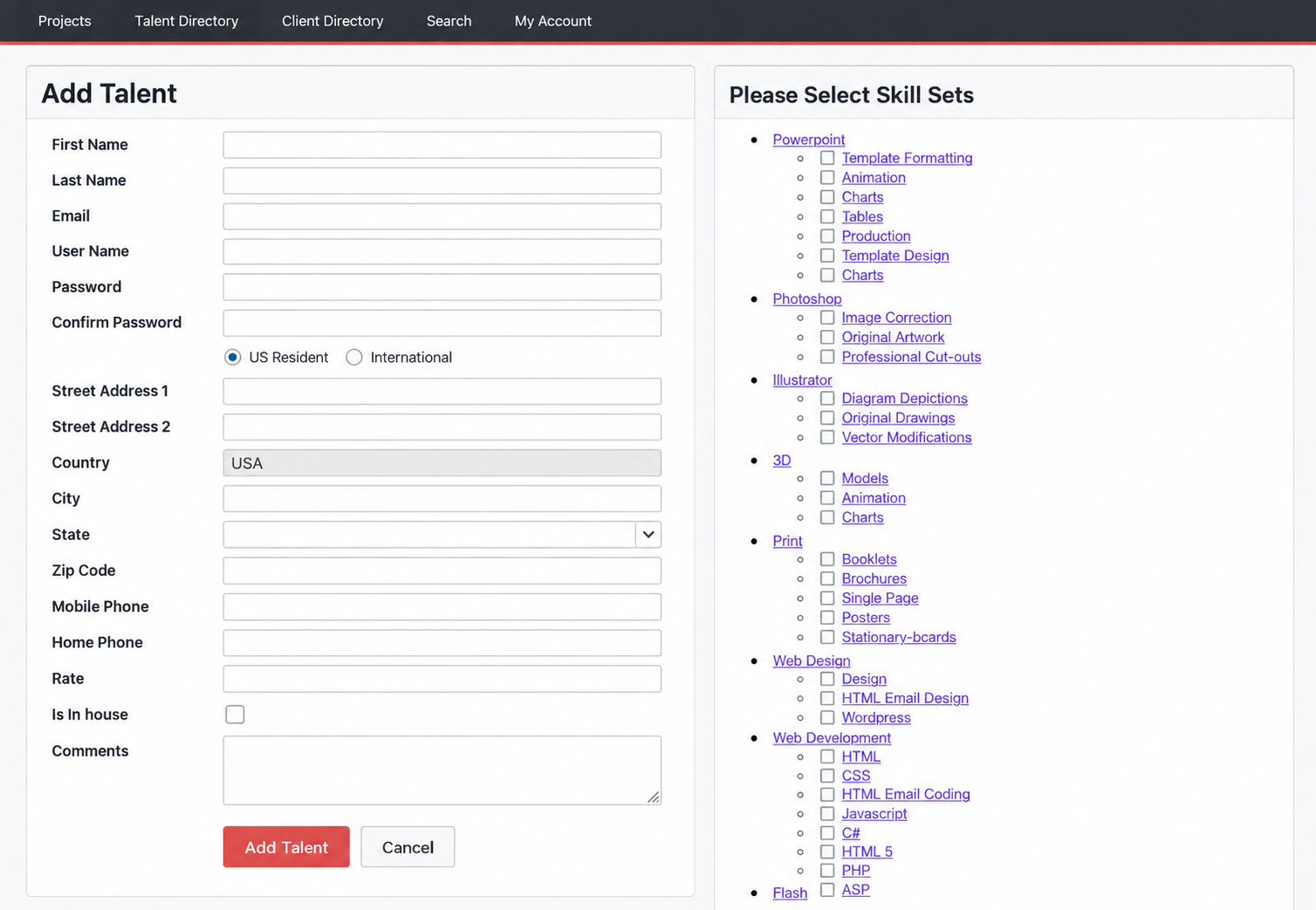 Edited Infinitely Big talent form with empty contact fields and a structured skill taxonomy