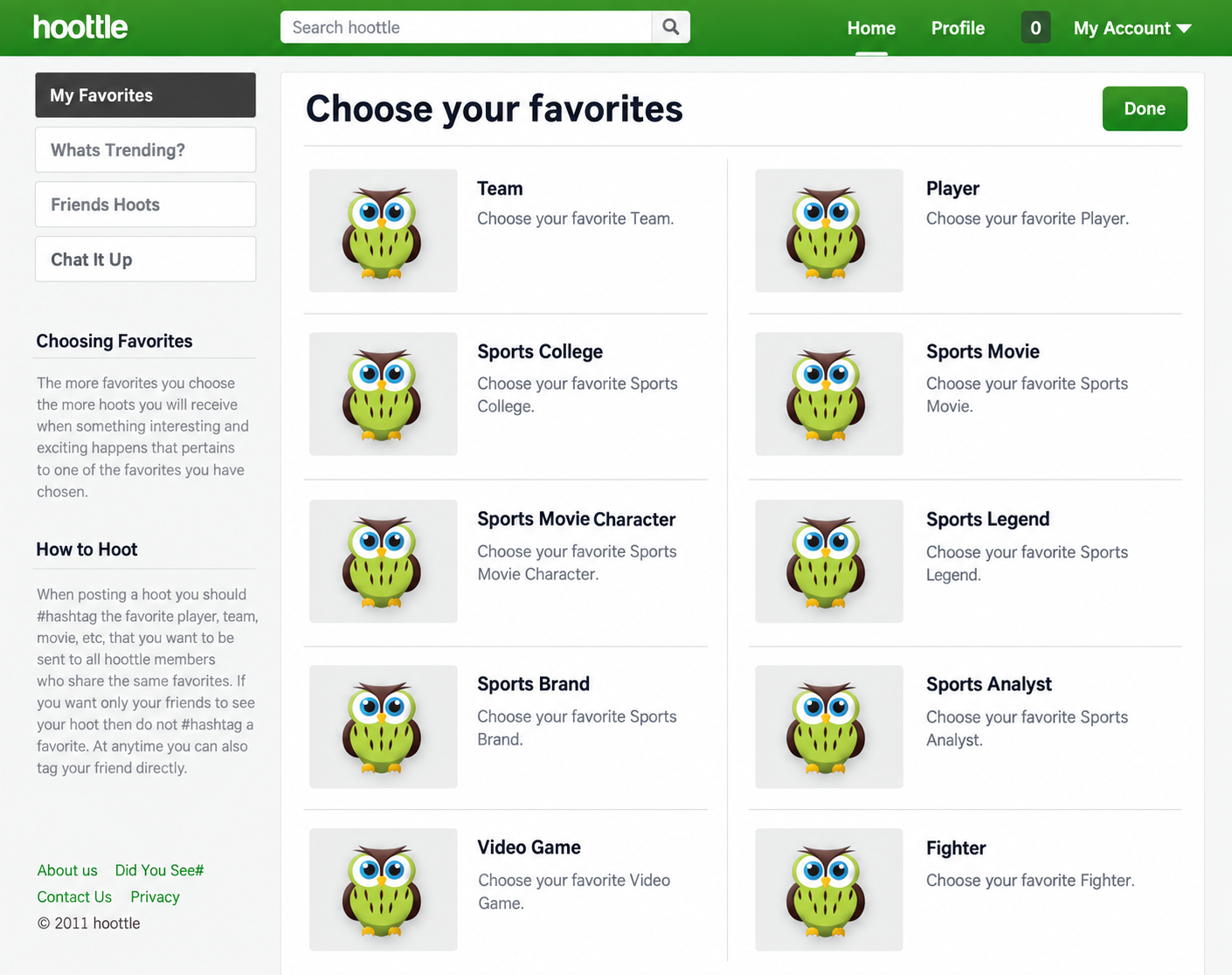 Edited Hoottle favourites interface with sports, entertainment and personality categories