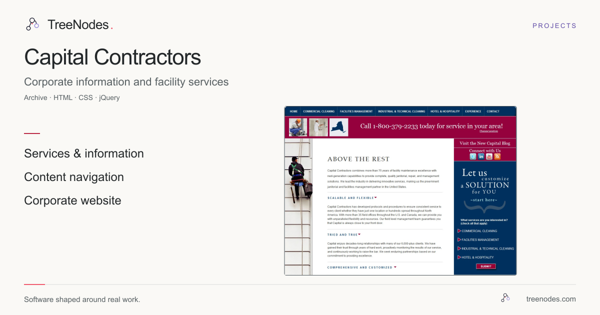 Archived Capital Contractors website showing facilities-service navigation, company information and a service enquiry area