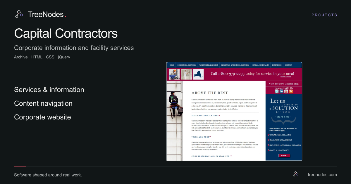 Archived Capital Contractors website showing facilities-service navigation, company information and a service enquiry area