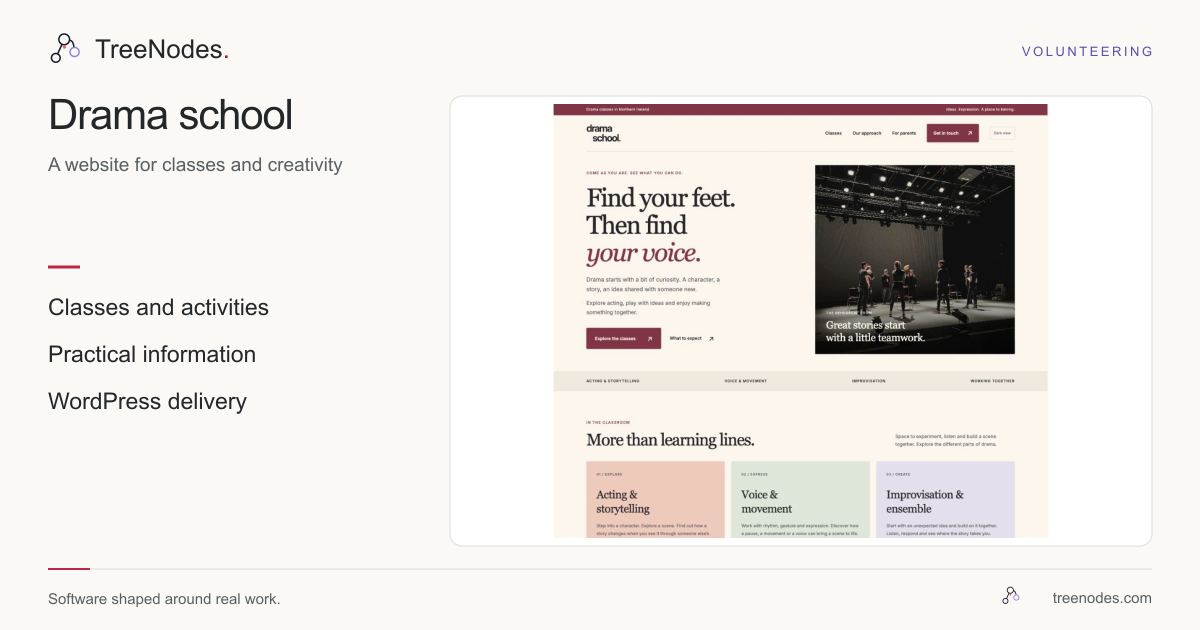 Drama school website presenting classes and school information