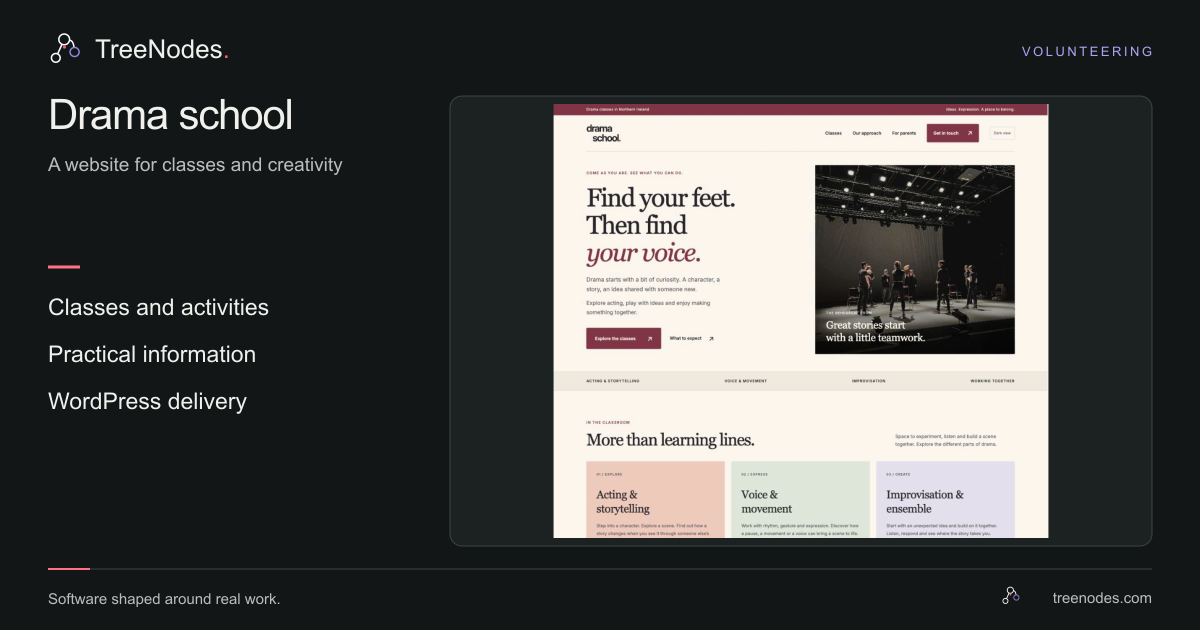 Drama school website presenting classes and school information