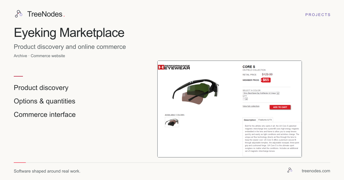 Archived Eyeking Marketplace product page showing eyewear, colour and quantity options, and an add-to-cart control