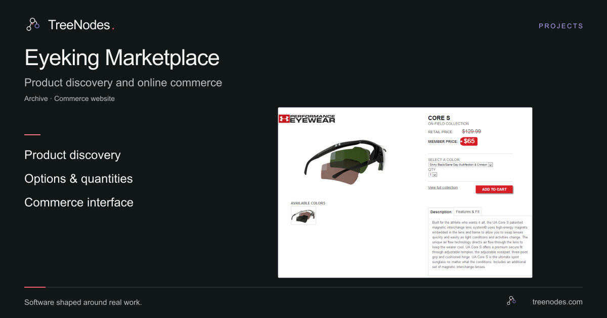 Archived Eyeking Marketplace product page showing eyewear, colour and quantity options, and an add-to-cart control