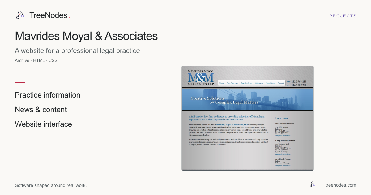 Archived Mavrides Moyal and Associates website showing firm information, practice-area navigation and office locations