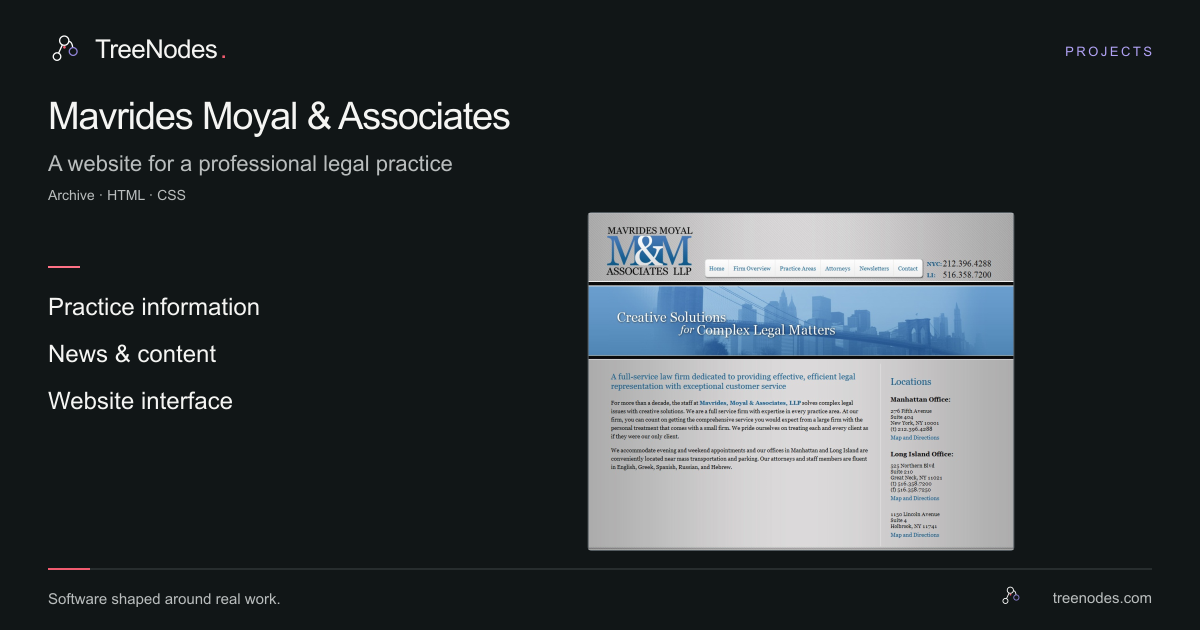 Archived Mavrides Moyal and Associates website showing firm information, practice-area navigation and office locations