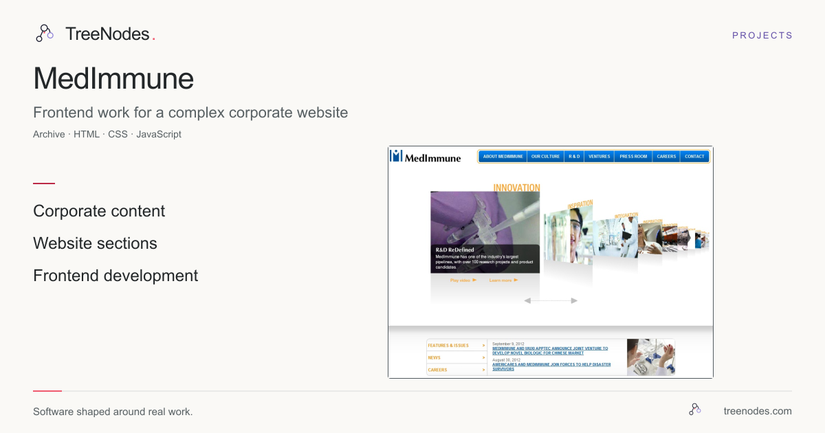 Archived MedImmune corporate website showing section navigation, featured content panels and news links
