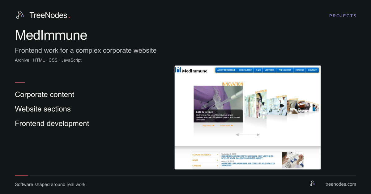 Archived MedImmune corporate website showing section navigation, featured content panels and news links
