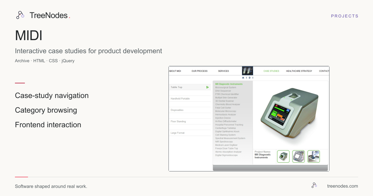 Archived MIDI Case Studies interface with product categories, a case-study list and an image detail panel
