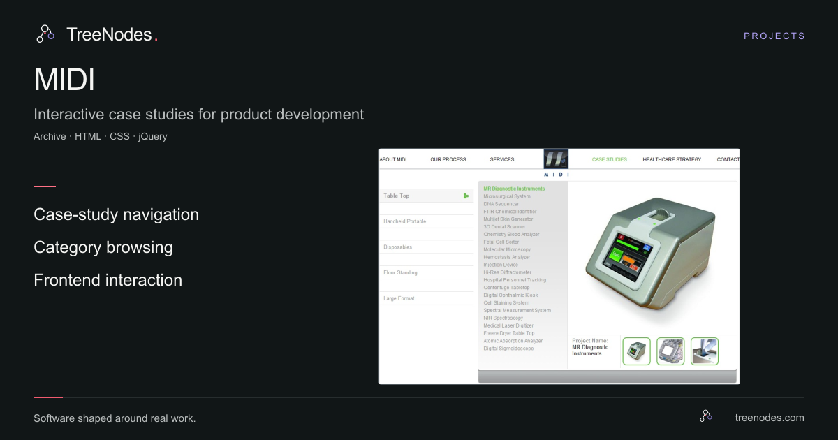 Archived MIDI Case Studies interface with product categories, a case-study list and an image detail panel